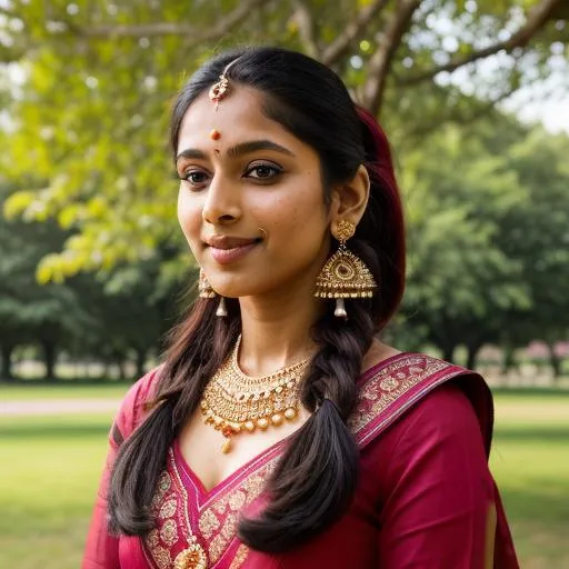 Prompt: Gorgeous Indian ((skinny)) girl in a park, pretty, cute 🥰, ((one eyes Winking)), Maroon Dress, centered in frame,close-up, ultra realistic, natural lighting, background having trees with pink flowers , drop type earrings, thin gold necklace, pony tail hairstyle, Golden Bindu on forehead