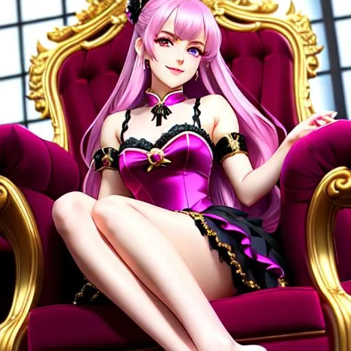 Prompt: magical romance ((((anime)))) evil , loli, throne, prideful arrogant uptight {{{smug}}} aristocrat ((((villainess)))) beautiful young lady, feet, bare feet, foot, cute, dark pink lips, smug face, smug smile, luxurious palace interior in the background, perfect body, detailed eyes, (vibrant colors:4), full hd, high quality, 8k, UHD, trending on artstation, intricate, highly detailed, highres, 3D ligthing, cell shaded, rendered by octane. unreal engine 5