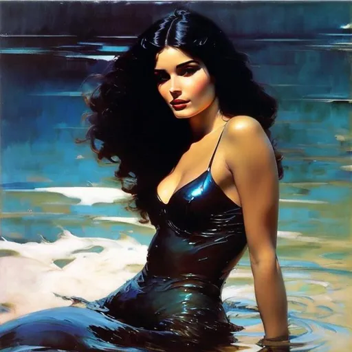 Prompt: frank frazetta, Druillet, john williams waterhouse, herbert james draper, Attractive on the surface of the water mermaid goddess,  siren song, flowy floating black hair,  high contrast, colorful polychromatic, ultra detailed, ultra quality, depth of field, full body portrait, romantic oil painting, 