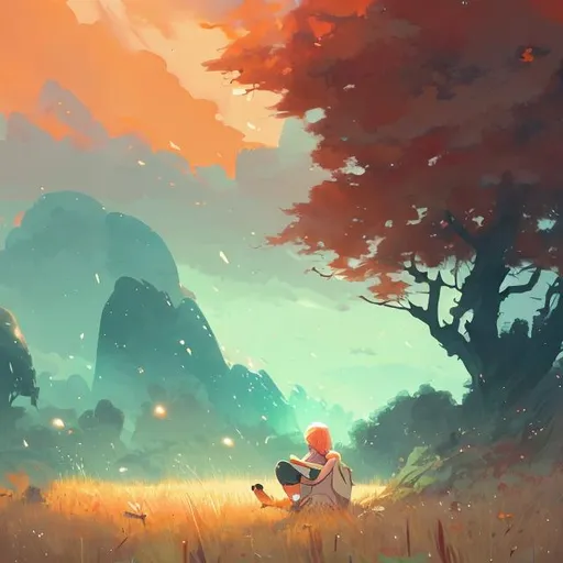 Prompt: scenery of someone chilling on a field hope by loish warm colors orange and green values