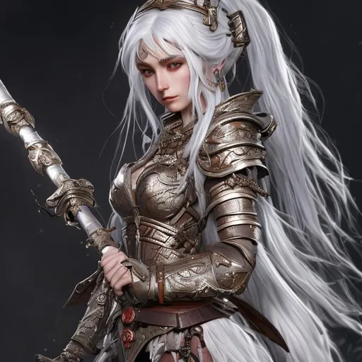 Prompt: Hghly detailed european goddes with longest Black hair unreal engine 5 Wearing a sapuriz armor and carrying an doomed samurai sword and fighting a war
