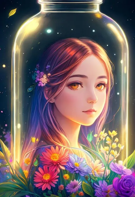 Prompt: a portrait of a girl with flowers in a jar, in the style of detailed dreamscapes, storybook illustration, glowing colors, multidimensional shading, mysterious nocturnal scenes