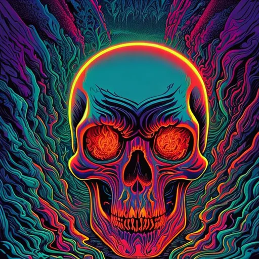 Prompt: Hypnotic illustration of an flaming skull hypnotic psychedelic art by Dan Mumford, pop surrealism, dark glow neon paint, mystical, Behance