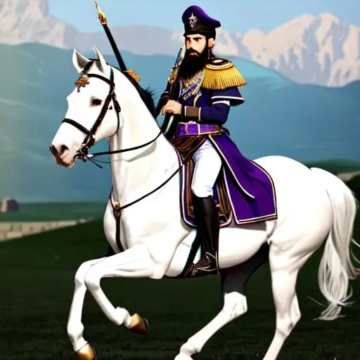 Prompt: A dark elf wearing a white and purple world war 1 style ottoman soldier uniform, holding an arabian sword, riding on a white horse. with black hair and a long black beard