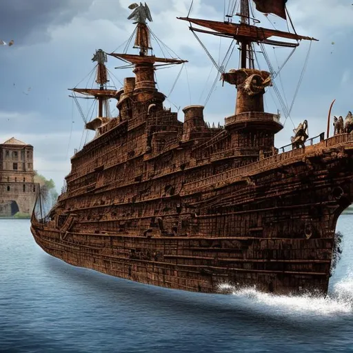 Prompt: Ancient Roman Battleship, Iron, Wood, Spears, Cannons, Ancient, Rome