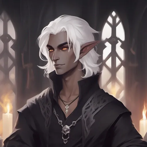 Prompt: dnd a cute dark elf wizard with short wavy messy white hair wearing black open collar shirt chilling in a dungeon 