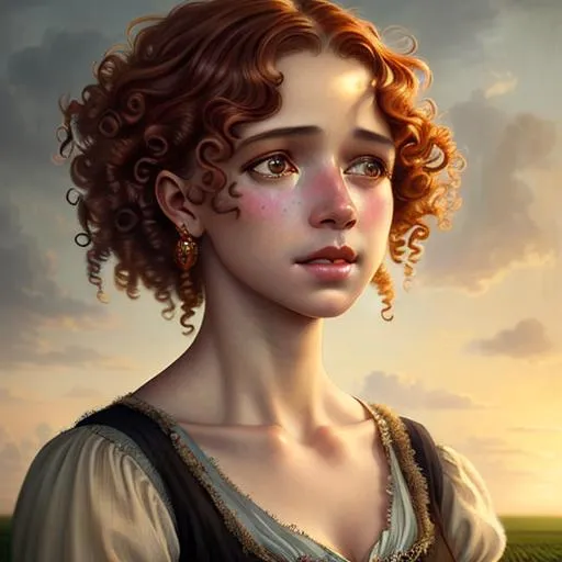 Prompt: An ethereal highly detailed painting of a very beautiful very poor 1920's migrant worker woman, tattered clothes, perfect complexion, gorgeous clean face,
curly auburn hair, award-winning,  Cinematic fantasy atmosphere, farm field, hot sun, cgi, artgerm