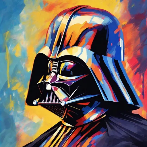 Prompt: Portrait Darth Vader, fauvism, bright colors expressive brushstrokes, backdrop soft yellow blue gradient