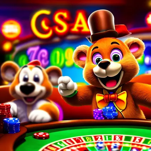 Prompt: Casino video game with chuck e cheese and freddy frazbear. Fun for whole family. Beer