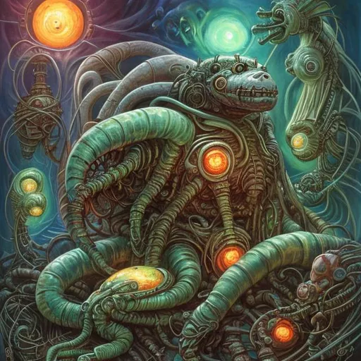Prompt:  fantasy art style, painting, giving birth, pain, woman, bloated belly, pregnant belly, evil, baby, evil baby, woman giving birth, robotic, green, green lights, green neon lights, lightning, colourful, murky, H. R. Giger, biological mechanical, pipes, evil robot, egg, queen, queen ant, snakes, serpents, eels, tentacles, jellyfish, squid, giant robot, robot, machine, pregnant robot, war machine, inseminate, insemination, pregnancy, pregnant, mother, mother with pregnant belly, pregnant woman, futuristic, dystopian, alien, aliens,  insemination, egg laying, spawn, egg chamber, uterus, womb, placenta, procreation, breeding, brood, clutch of eggs, Prometheus, reproductive organs, giving birth, female, sperm, zygote, embryo