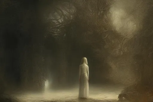 Prompt: A Young girl Lost in solitude, in ([giger-beksinsky] style) and Rembrandt painting ART, on eerie planeta landscape, best quality, high resolution
