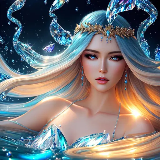 Prompt: Magnificent Epic Beautiful Crystalline (Beautiful melancholy {goddess}female liquid satin}), hyper realistic, expansive crystal background, hyper realistic, 8K --s99500