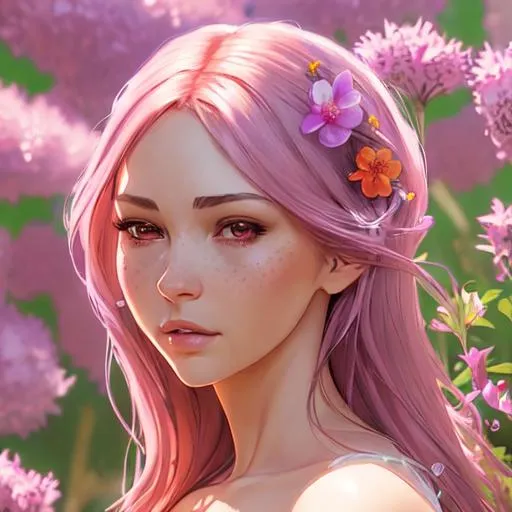 Prompt: Beautiful realistic young woman in wildflower garden on a sunny summer day, pink lilac and orange colors, Beautiful D&D Character Portrait, Detailed, Realistic Face, Digital Portrait, Fiverr Dnd Character, Wlop, Stanley Artgerm Lau, Ilya Kuvshinov, Artstation, Hd, Octane Render, Hyperrealism, elegant, seductive, anime character, background digital painting, digital illustration, extreme detail, digital art, ultra hd, vintage photography, beautiful, tumblr aesthetic, retro vintage style, hd photography, hyperrealism, extreme long shot, telephoto lens, motion blur, wide angle lens, deep depth of field, warm, anime Character Portrait, Symmetrical, Soft Lighting, Reflective Eyes, Pixar Render, Unreal Engine Cinematic Smooth, Intricate Detail, anime Character Design, Unreal Engine, Beautiful, Tumblr Aesthetic,  Hd Photography, Hyperrealism, Beautiful Watercolor Painting, Realistic, Detailed, Painting By Olga Shvartsur, Svetlana Novikova, Fine Art