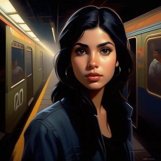 Prompt: Third person, gameplay, Puerto Rican girl, pale olive skin, black hair, dark brown eyes, late 2000s, abandoned subway station, foggy, dark blue atmosphere, cartoony style, extremely detailed painting by Greg Rutkowski and by Henry Justice Ford and by Steve Henderson 