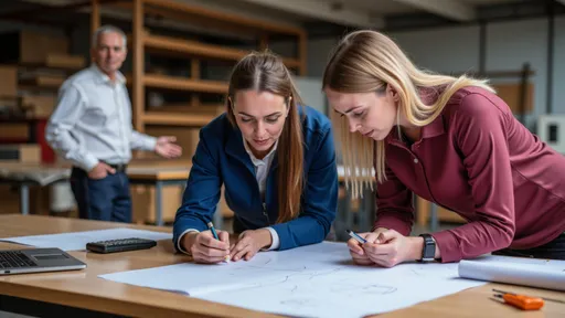 Handwerkerinnen planen gemeinsam mit digitalen Tools in einer modernen Werkstatt