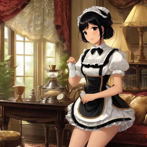 Prompt: anime art, pretty young Indonesian maid, 25 year old, (round face, high cheekbones, almond-shaped brown eyes, epicanthic fold, small delicate nose, luscious lips, short bob black hair), (saucy maid costume), perfect hourglass figure, thigh-highs, bending over, dusting, background ornate drawing room, masterpiece, intricate detail, best quality, expressive eyes, perfect face, Japanese manga, Pixiv, Anime Key Visual, Fantia 