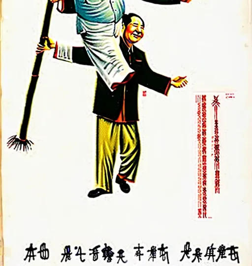 Prompt: 1960s Chinese propaganda poster of a smiling Mao Zedong, Mao is carrying a bamboo pole on his shoulder, Mao Zedong is surrounded by workers, attached to the bamboo pole Mao is holding are water buckets, Mao is in a village, highly detailed, highly decorated, masterpiece, vivid