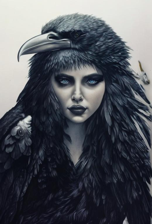 bird woman, black makeup, raven, bird queen