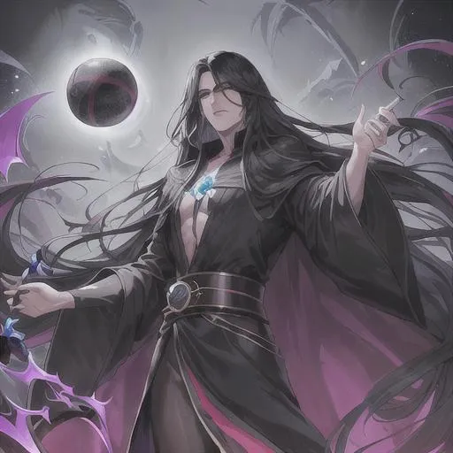 Prompt: The necromancer is a tall and striking male figure with long, flowing black hair. He wears a long, flowing black robe adorned with  sigils. In his hand, he carries an obsidian orb, which he uses to channel his magic. detailed eyes. league of legends