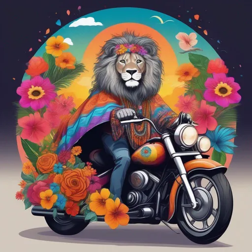 Prompt: an old furry lion (Beautiful {Sugarskull} and happy face), graying hair of flowers, wearing a psychedelic poncho with tropical flowers on it, riding a big trail motorcycle.