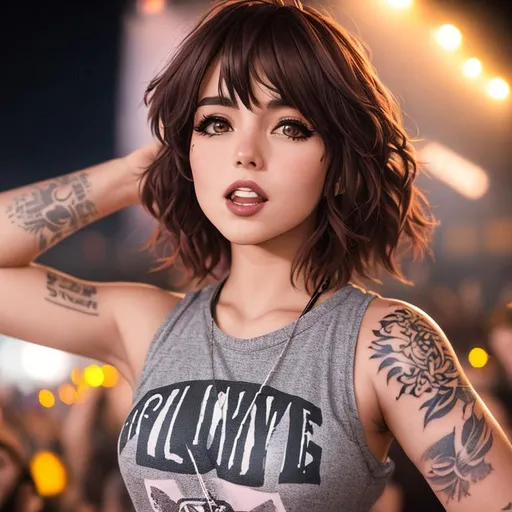 Prompt: portrait photo, 21 years old, girl, short brown punk asymmetric hair, small chest, White ink tattoo, in a crowded rock festival, night, dancing, open mouth, arms in the air, enjoying, happy, heavenly beauty, 8k, 50mm, f/1. 4, high detail, sharp focus, cowboy shot, perfect anatomy, arms behind back, Carne Griffiths, Conrad Roset, highly detailed, detailed and high quality background, oil painting, digital painting, Trending on artstation , UHD, 128K, quality, Big Eyes, artgerm, highest quality stylized character concept masterpiece, award winning digital 3d, hyper-realistic, intricate, 128K, UHD, HDR, image of a gorgeous, beautiful, dirty, highly detailed face, hyper-realistic facial features, cinematic 3D volumetric, illustration by Marc Simonetti, Carne Griffiths, Conrad Roset, 3D anime girl, Full HD render + immense detail + dramatic lighting + well lit + fine | ultra - detailed realism, full body art, lighting, high - quality, engraved | highly detailed |digital painting, artstation, concept art, smooth, sharp focus, Nostalgic, concept art,