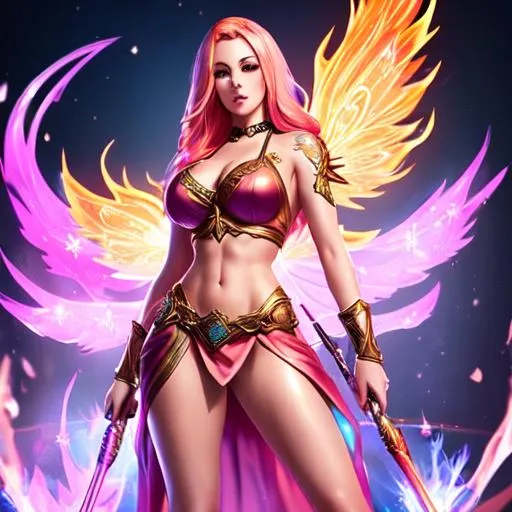 Prompt: Splash art, goddess, huntress full body, front,  glowing tattoos, peach colored hair, (metallic  hair), (flame hair), plain white robes, female, illustration, portrait, (athletic body), (pink skin), (long legs), (photo realistic), perfect body, perfect face, fairy