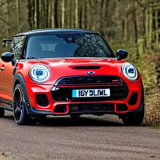 Prompt: A back and red 2018 mini John cooper works rallying through a welsh forest 