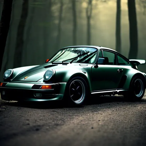 Prompt: Car: Porsche 930
Colour: Dark forest green
Location: Dark Forest
Perspective: from the front
Light: from the front
Wallpaper: desktop