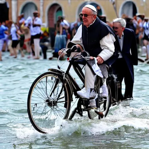 Prompt: The pope rides his bicycle in Venice with high tide.