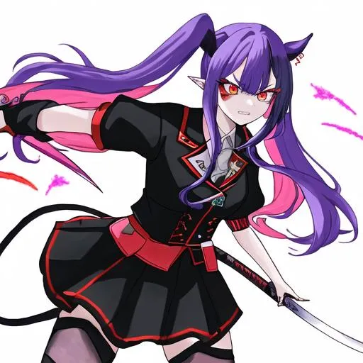 Prompt: Haley  as a demon (multi-color hair) (multi-color eyes)(she has horse ears) holding a katana, fighting, in a gunfight, bullets flying, fighting in a rural area, angry, (demon tail), (demon wings), lunging at the center, flying in the air