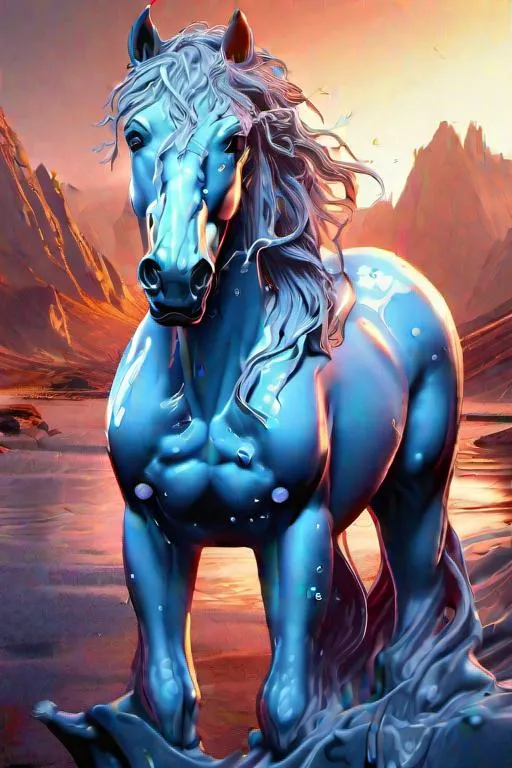Prompt: "A stallion head made of melting dripping porcelain and melting dripping blue wax and drippy melting chrome, Sci-fi fantasy concept art by Wlop Dan Mumford Anna Dittman, hyperdetailed digital art, deep rich translucent colours, a vision of heavenly beauty, rendered in Enscape, pretty , glowing, spirits , Symmetrical!!!"