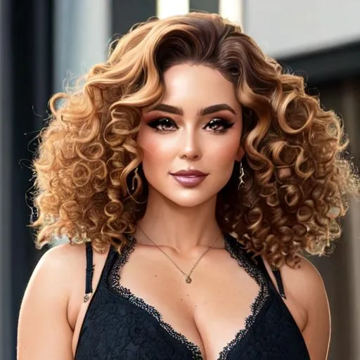 Prompt: An attractive 35 year old woman with very curly hair, elegant, modern, stylish makeup
