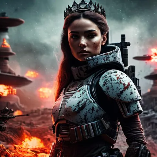 Prompt: create a photograph of beautiful  fictional elite space soldier female with crown who is battle-scarred and covered in blood, extremely detailed environment, war and explosion in the background, detailed background, intricate, detailed skin, natural colors , professionally color graded, photorealism, 8k, moody lighting