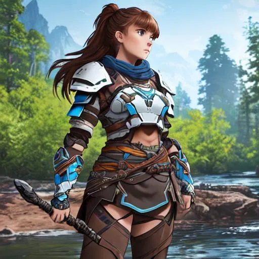 Prompt: a brown hair girl with light brown front bangs,wearing horizon zero dawn armor dark blue ,4k,high quality,light blue eyes,has spear ,pouches on her waist,looks serous,full body,standing by a river,with forest and machines in background,black pants