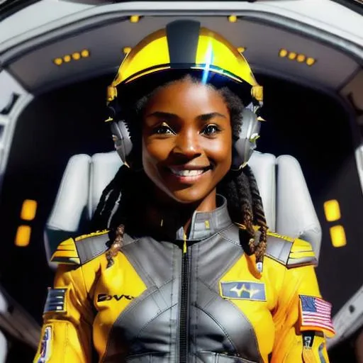 Prompt: (Hyperrealistic highly detailed sharp photography of ebonian woman pilot in spaceship cockpit) Young, beautiful, strong-willed, determined eyes, confident, happy, excited, modern grey uniform, tribal golden headband, helmet with visor, signing "ok", smiling.
Runic cockpit. Black and gold bird-shaped spaceship. 