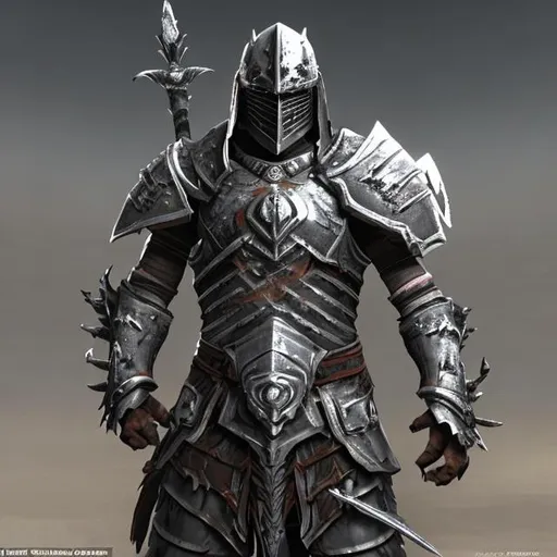 Prompt: A warrior with silver armor and the armor is tattered he is in a arena style place with a giant place 