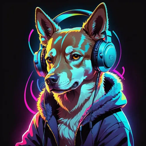 Prompt: Anime illustration of a dog with headphones and a microphone, neon-colored background, funky sweatshirt, vector art, professional, highres, high-quality, anime, funk art, dark background, detailed fur, intense gaze, neon colors, futuristic, urban setting, atmospheric lighting