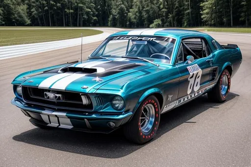 Prompt: Next Gen Nascar stock 1967 Ford Mustang car, sponsored by OpenArt