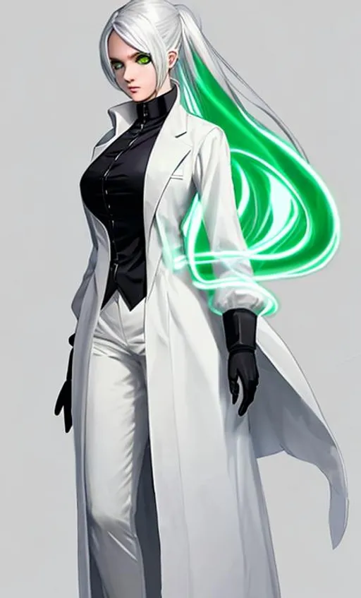 Prompt: black shirt, white labcoat, female, long grey and green glowing  hair, wearing white  gloves, concept art