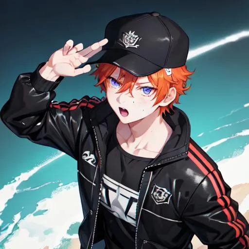 Prompt: Erikku male (short ginger hair, freckles, right eye blue left eye purple) muscular, UHD, 8K, Highly detailed, insane detail, best quality, high quality. hands in the air, wearing a sideways baseball cap, black jacket, black shorts, streetwear