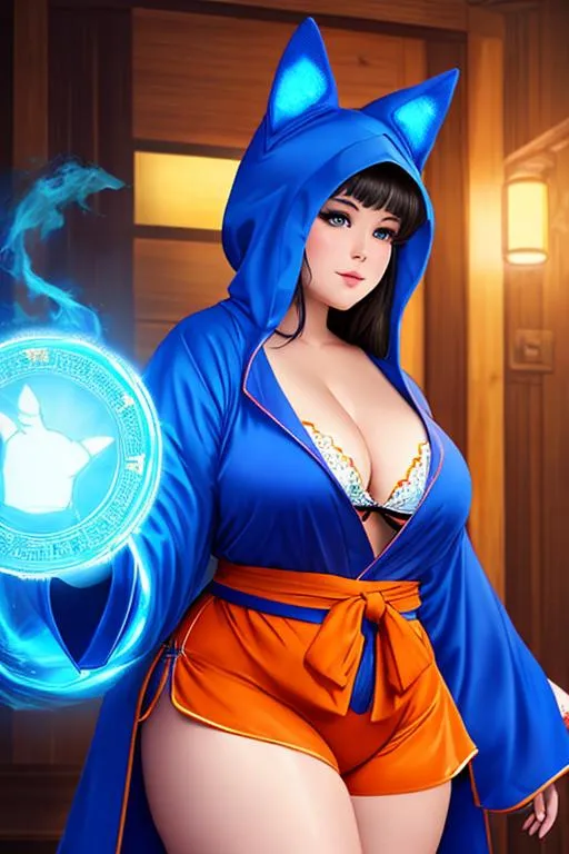 Prompt: oil painting, UHD, hd , 8k, , hyper realism,   Very detailed, zoomed out view,  full character in view, standing fat beauty female character that is blue cat onesie with a cat hood, wearing  wearing an orange kimono over top her pajama's and is summoning lighting