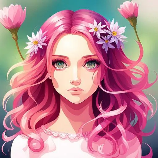 Prompt: a youngfairy goddess of spring, very curlsy hair, pink glow on cheeks,wildflowers, vivid colors, closeup