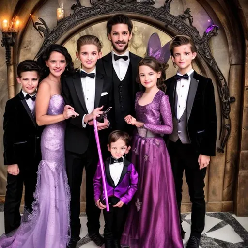 Prompt: Family of male magicians all warring tuxedos with bow ties and and fairy godmothers in ball gowns holding their magic wands that they can cast magic spells with