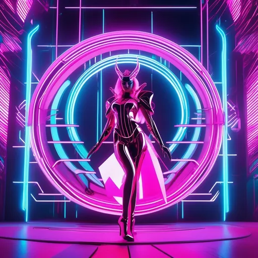 Prompt: a beautiful female demon in a dynamic pose in a retro futuristic synthwave cyberpunk neon paradise.  neon lighting, high quality, beautiful, synthwave, cyber, retro, futuristic