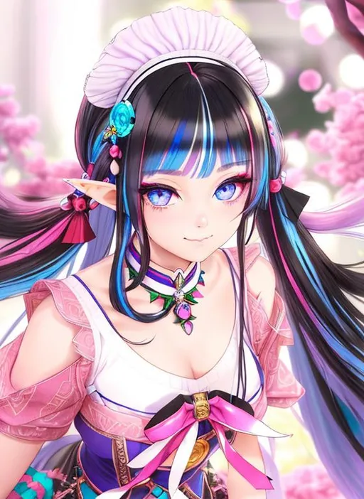 Prompt: Symmetrical, beautiful girl, young woman, elf ears, multi colored hair, black and blue hair, beautiful intricate colord hair, detailed hair, long hair, long twintails, white skin, light skin, smooth soft skin, detailed face, smug smile, light blue eyes, pale eyes, bright pupils, wide anime eyes, big dreamy eyes, pink maid headband, small blue flowers on headband, pink choker, red ribbons, pink roses on hair, exposed cleavage, exposed shoulders, big chest, long sleeves, red fingernails, slim waist, wide hips, pink background, loking into camera