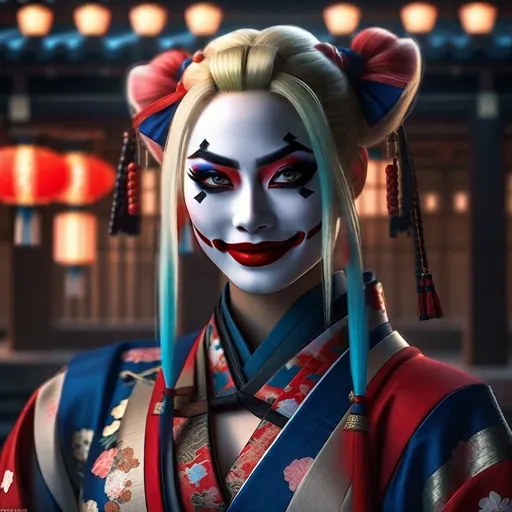 Prompt: Portrait of {  Ninja Harley Quinn} in  {edo era Japan}, perfect composition, hyperrealistic, super detailed, 8k, high quality, trending art, trending on artstation, sharp focus, studio photo, intricate details, highly detailed,happy face, by greg rutkowski