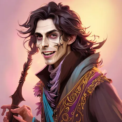 Prompt: Full body splash art of a sweet, young, expressive, smiling male undead zombie bard, mummified face, closed eyes, shoulder long black hair, skinny, bony, reddish purple noble clothes with puffy sleeves, wearing a floppy hat with feathers, D&D, dnd, fantasy, highly detailed, intricate, sharp focus, digital painting, trending on artstation, 4k, 8k, unreal engine