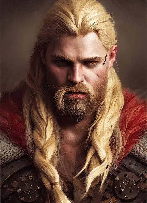 Prompt: Portrait of viking vampire barbarian with blond hair and with blod beard, intimidated face, background night, perfect composition, hyperrealistic, super detailed, 8k, high quality, trending art, trending on artstation, sharp focus, studio photo, intricate details, highly detailed, by greg rutkowski