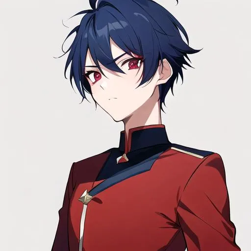 Prompt: Boy of effeminate appearance with short dark blue hair and red eyes. Garnet has a cold look on his face and wears a red-orange uniform.