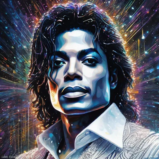 Prompt: Close up portrait, Michael Jackson in white suite, Particle spectra hologlitch,  Datamoshing , Vaporware, Psychedelic art by GIGER, by Dan Mumford and Callie Fink, liquid ink, ink wash, dynamic pose, centered, 16k resolution , HQ , hyper detailed, intricate artwork, perspective , insanely detailed and intricate, hyper realistic, trending on cgsociet